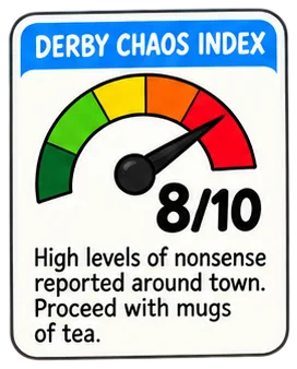 The Derby Chaos Index: 8 out of 10. High levels of nonsense reported around town. Proceed with mugs of tea.