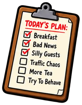 Today's plan: breakfast, bad news, silly guests, traffic chaos, more tea, try to behave. The first three are ticked.